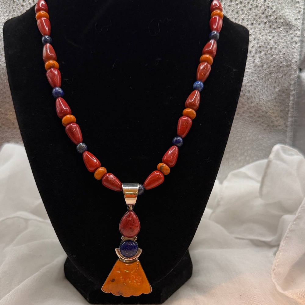 Jay King lapis Lazuli, Red Jasper, Carnelian, Sterling Silver Necklace. - Picture 2 of 8